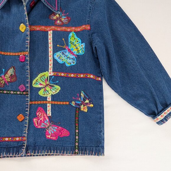 VTG Blue Pink Denim Butterfly Embroidered Floral Patches Cuffed Button Up Jacket - Picture 2 of 6